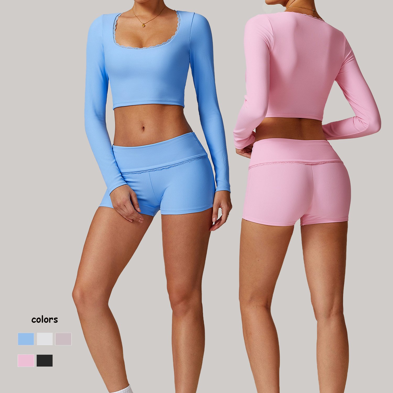 Women Sexy Lace Quick Dry Workout Yoga Set Lady Fashion Solid Color Gym Suit Female Long Sleeve Sport Yoga Suit