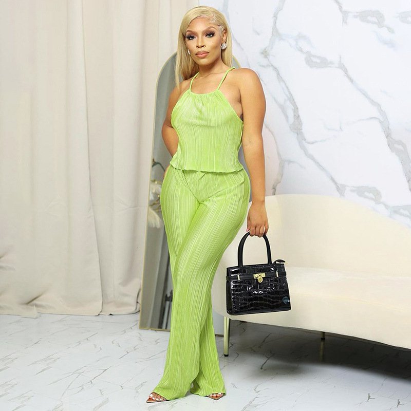 New Graceful Trendy Women's Two Piece Pants Set Pleated Solid Color Halter Top Loose Pants Casual Suit For Women