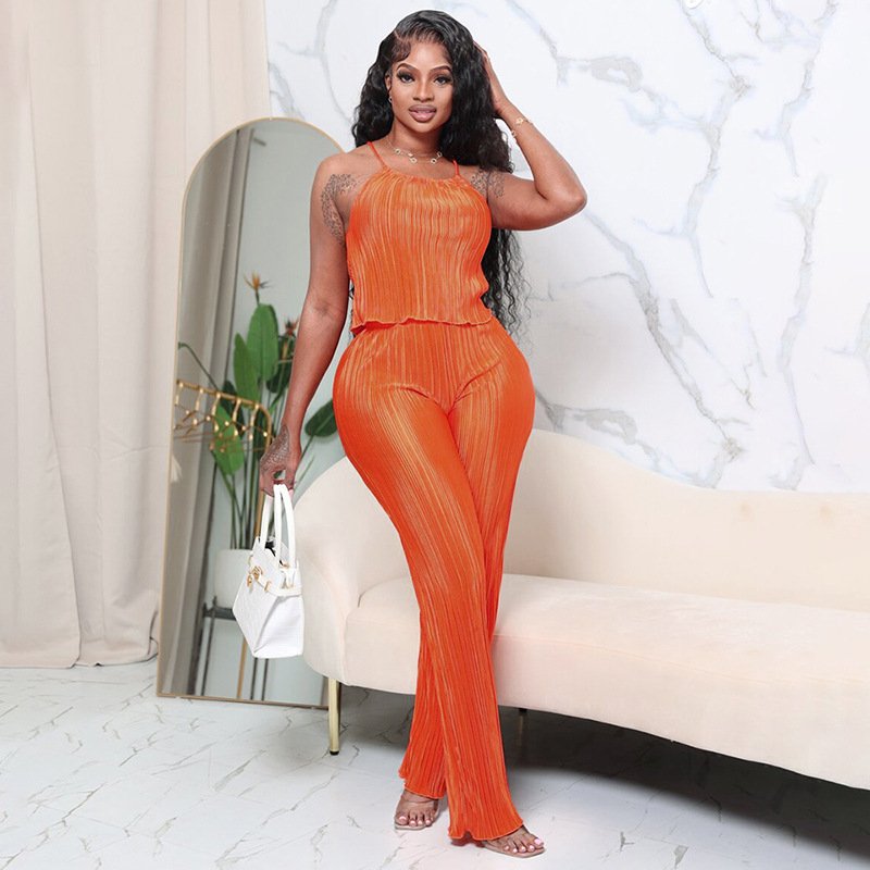 New Graceful Trendy Women's Two Piece Pants Set Pleated Solid Color Halter Top Loose Pants Casual Suit For Women