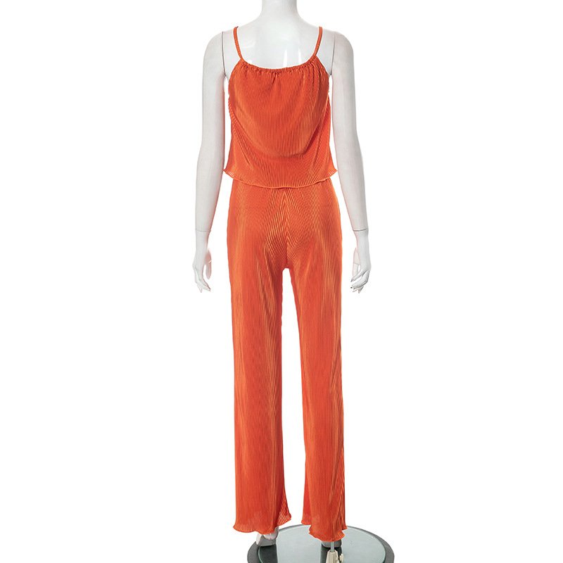New Graceful Trendy Women's Two Piece Pants Set Pleated Solid Color Halter Top Loose Pants Casual Suit For Women