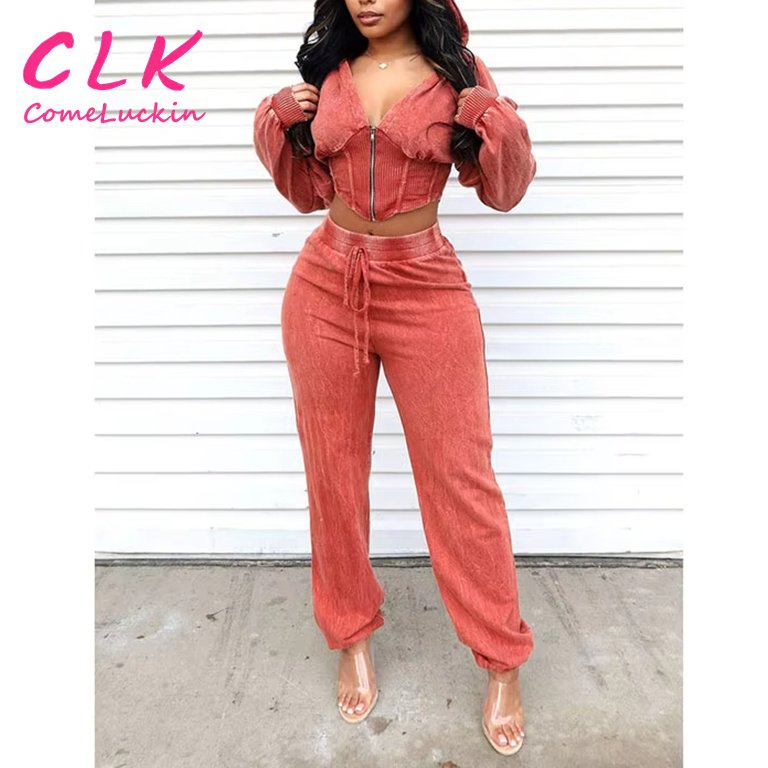 Fall Women's Sets Acid Washed Zip Up Wide High Waist Jogger Pants Corset Crop Top Hoodie Women Jogger 2 Piece Sweatpants Set
