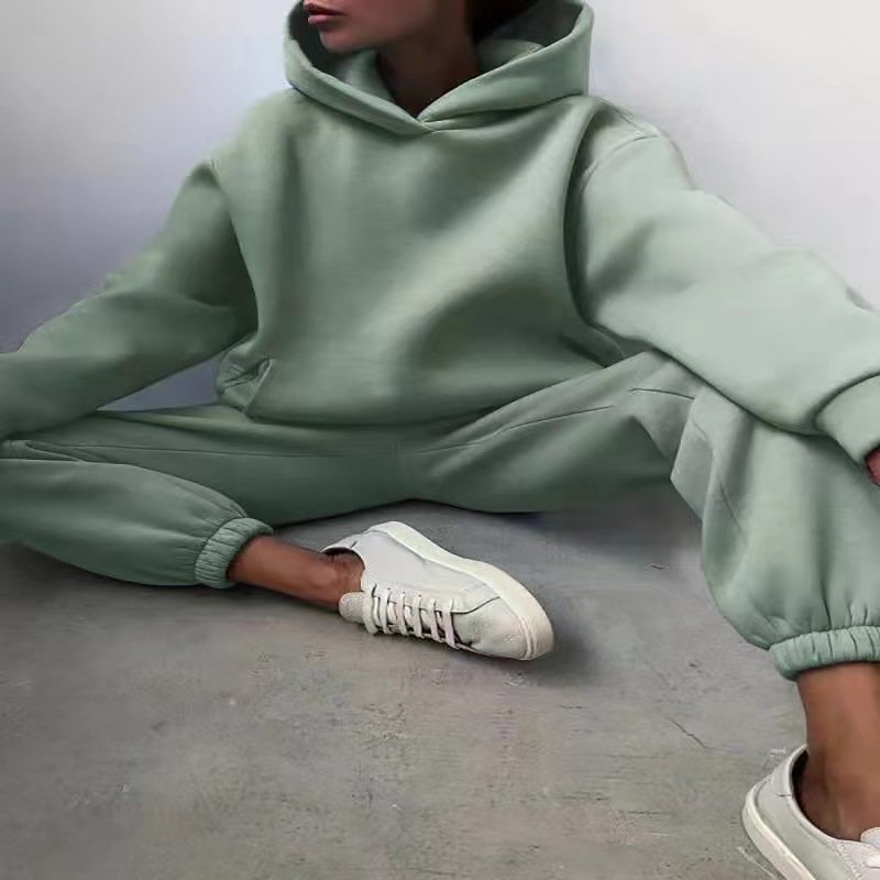 High Quality Oversized Sweatshirt Pant Set for Women Dropped Shoulder Cotton Print Hooded Loose Fit Woven Hoodie Top Bottom