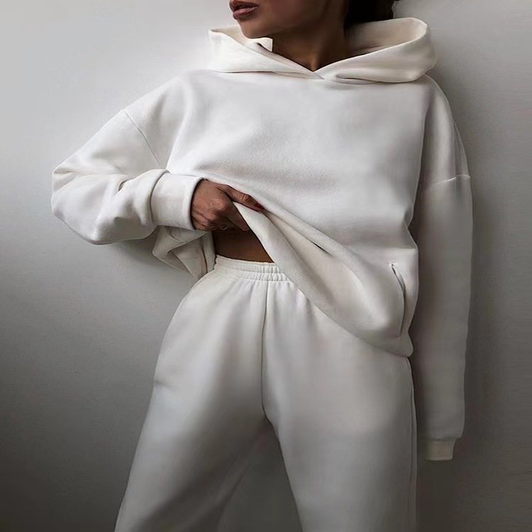 High Quality Oversized Sweatshirt Pant Set for Women Dropped Shoulder Cotton Print Hooded Loose Fit Woven Hoodie Top Bottom