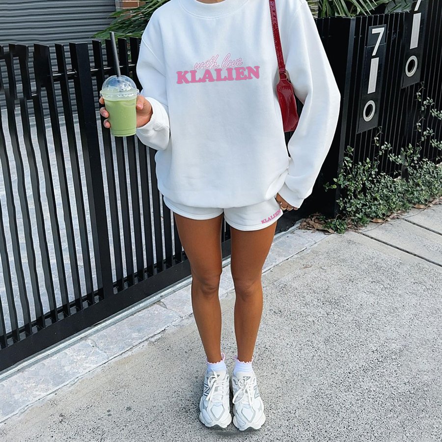Kliou K24S50705 Fall Winter Loose printed logo fleece 2 piece set women casual sweatshirt jogger sets shorts women's sets