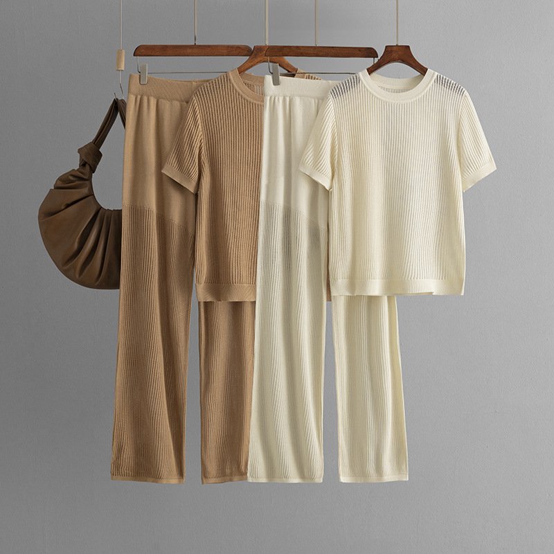 Wholesale 2024 Summer Leisure Fashion Versatile Round Neck Short Sleeve Loose Knitted Hollow Wide Leg Pants Women's Set