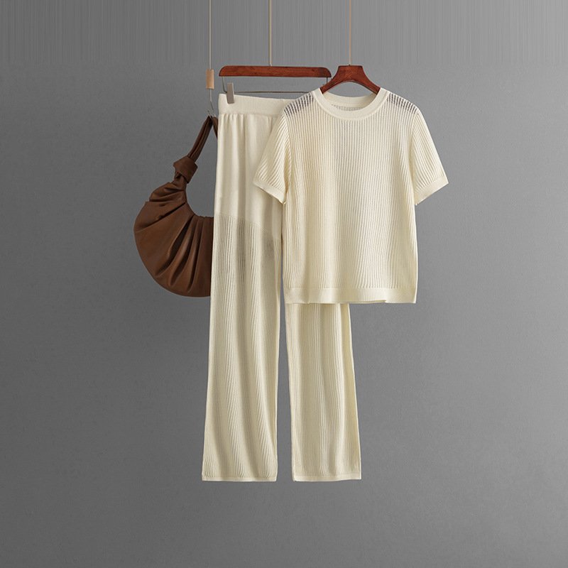 Wholesale 2024 Summer Leisure Fashion Versatile Round Neck Short Sleeve Loose Knitted Hollow Wide Leg Pants Women's Set