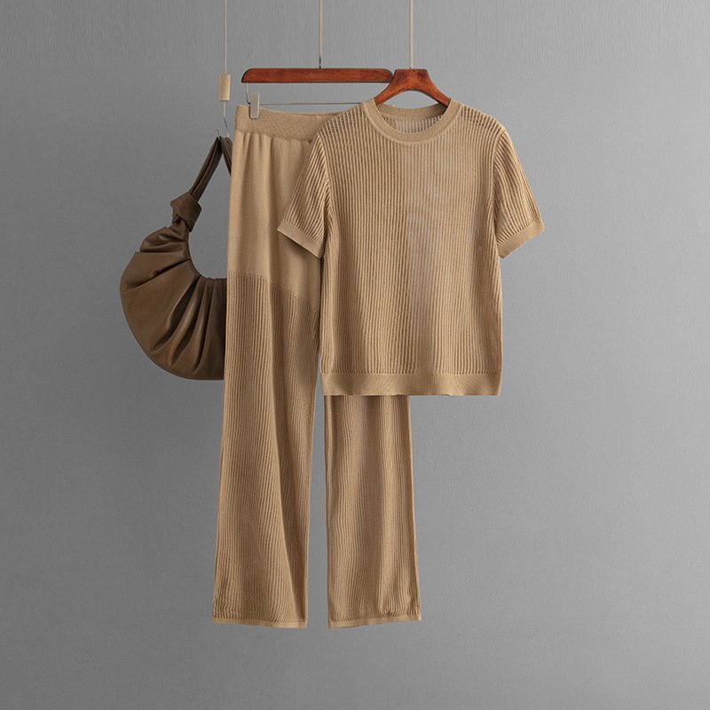 Wholesale 2024 Summer Leisure Fashion Versatile Round Neck Short Sleeve Loose Knitted Hollow Wide Leg Pants Women's Set