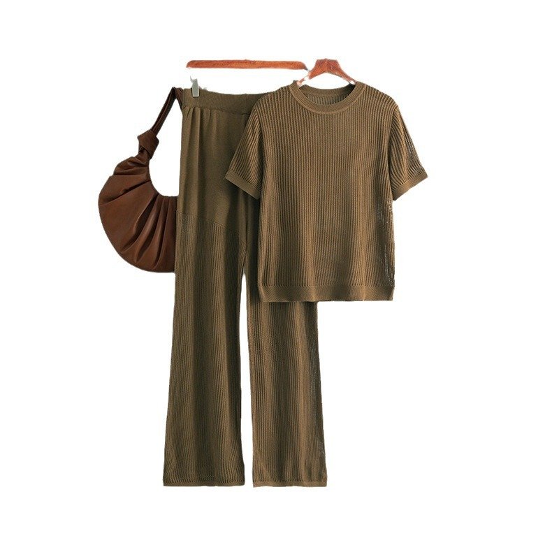 Wholesale 2024 Summer Leisure Fashion Versatile Round Neck Short Sleeve Loose Knitted Hollow Wide Leg Pants Women's Set