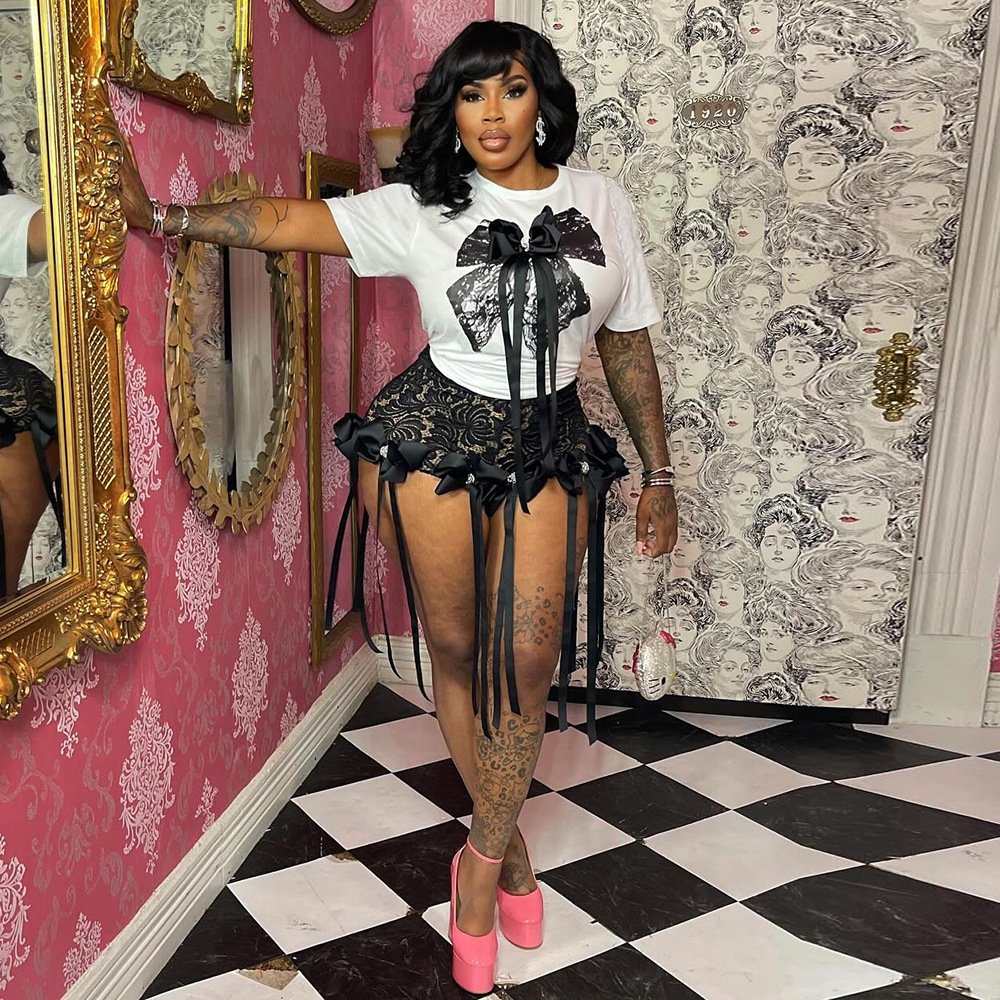 2024 wholesale clothing short sleeve t shirt two piece lace bows shorts women's sets