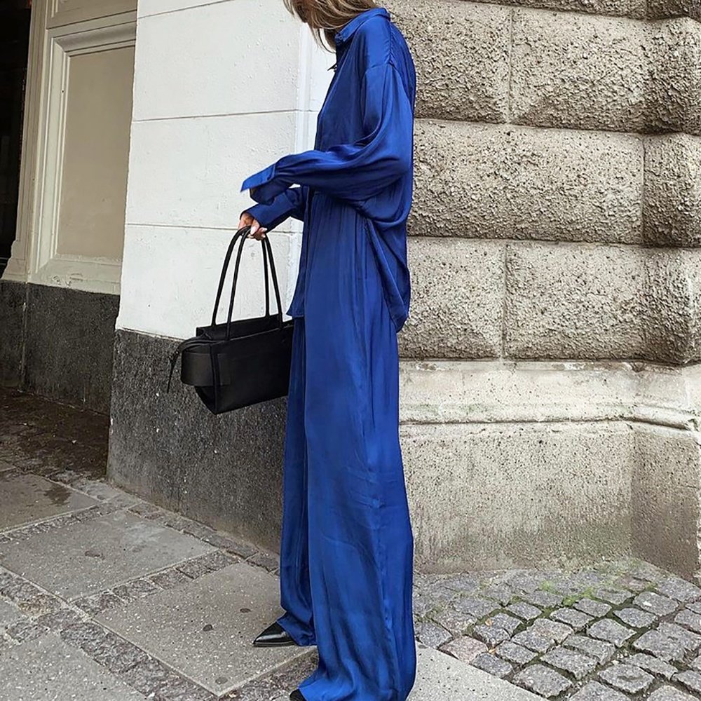 Ladies Two Piece Career Top And Black Women Suits Long Sets Offices Pieces Formal Suit Pant Blue Satin Klein Blue