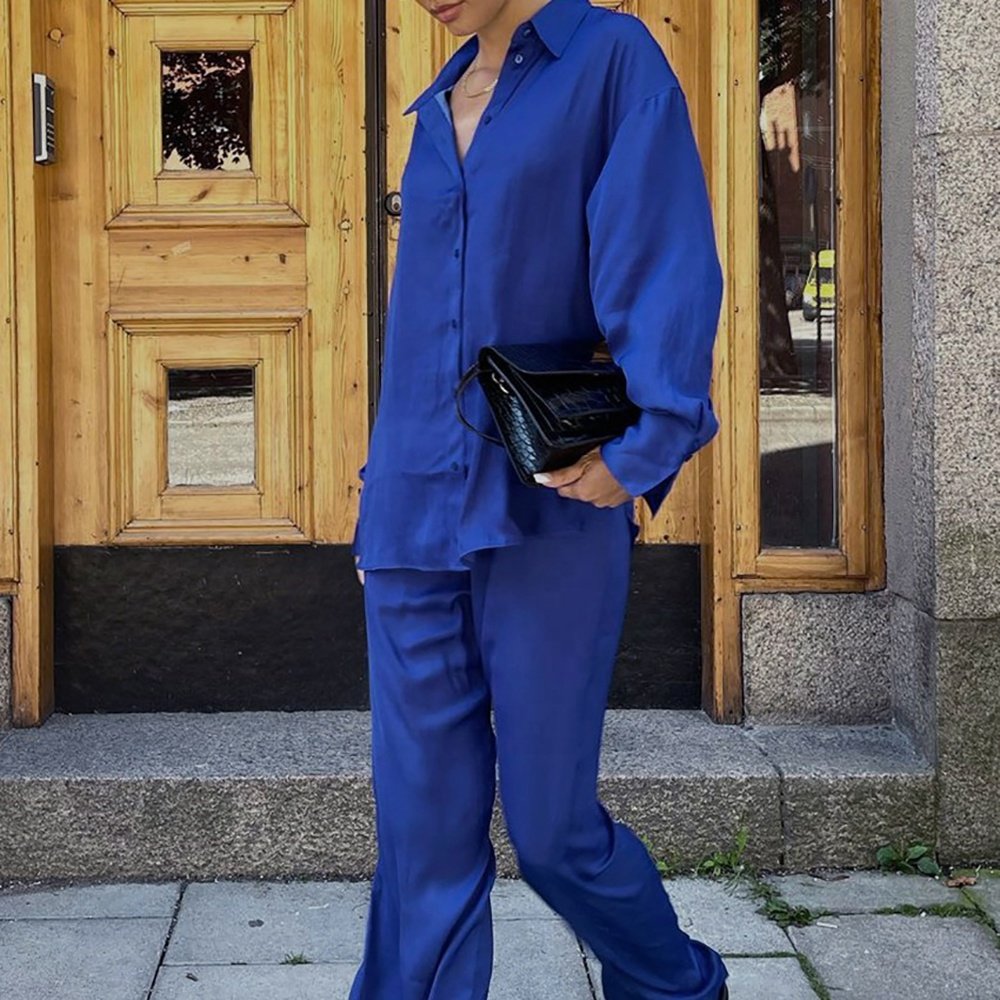 Ladies Two Piece Career Top And Black Women Suits Long Sets Offices Pieces Formal Suit Pant Blue Satin Klein Blue