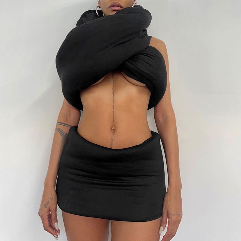 WQ5099 Fall women's set solid quilted coat sleeveless crop top zipper skinny mini package hip skirt 2pcs set for lady