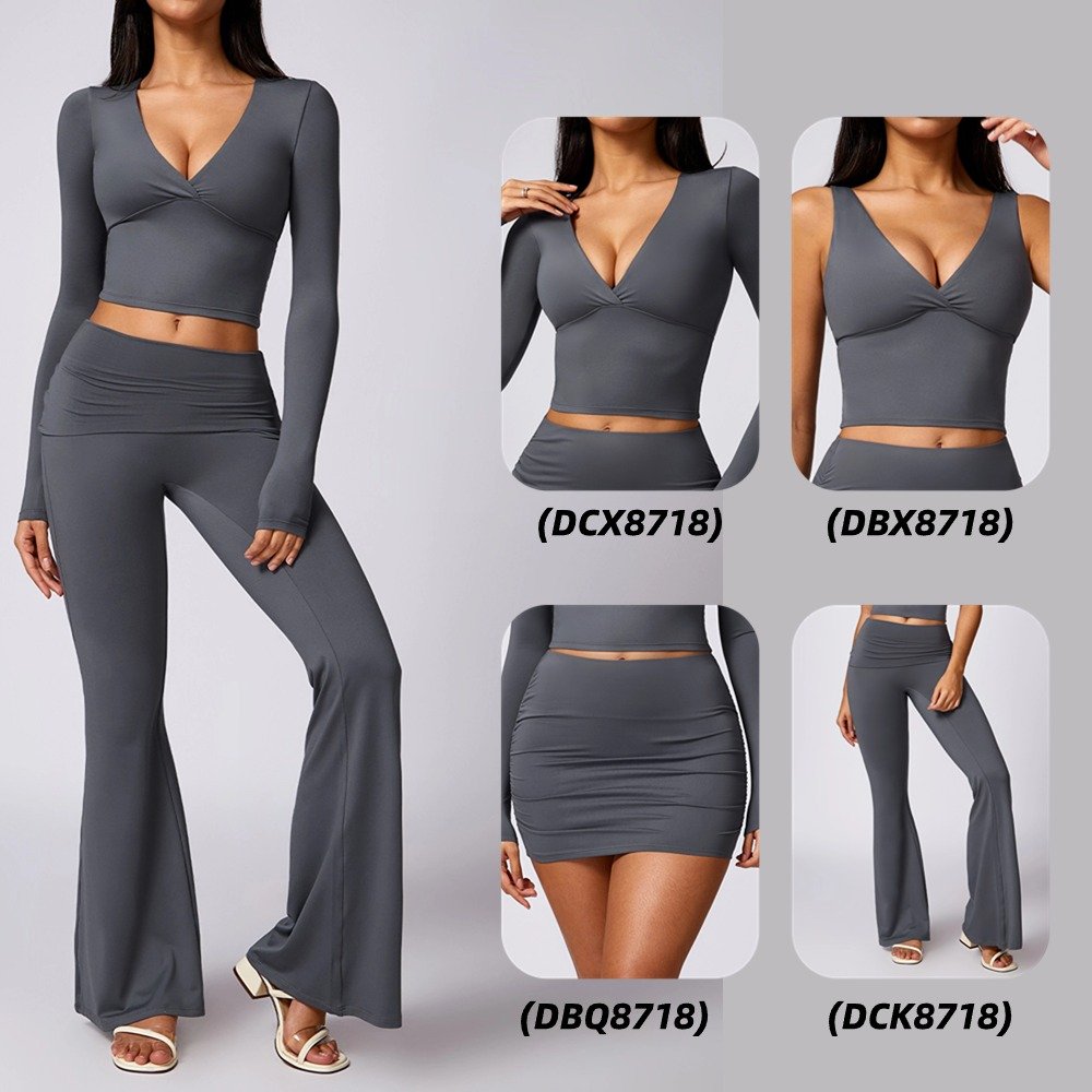 Wholesale Long Sleeve T Shirts Bra Skinny Mini Skirt Sets Female 4 Pieces Suits Flare Pants Sets Women Gym Wear Set