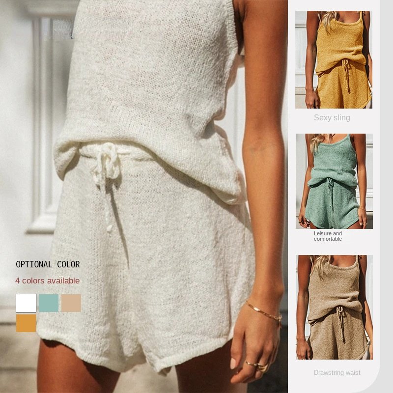 Summer 2 Piece Women Set Casual Sexy Knitted Cami Tops and Shorts Sets Solid Color Sweater Suit Two Piece Loungewear Set 2024