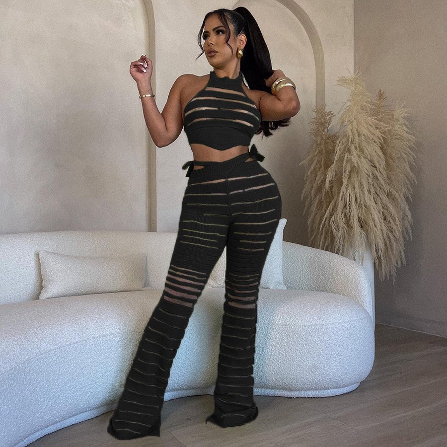 Kliou W23S35504 Two Pieces Pants Sets Knitted lace 2 Piece Set Women Striped Sheer Women's Set