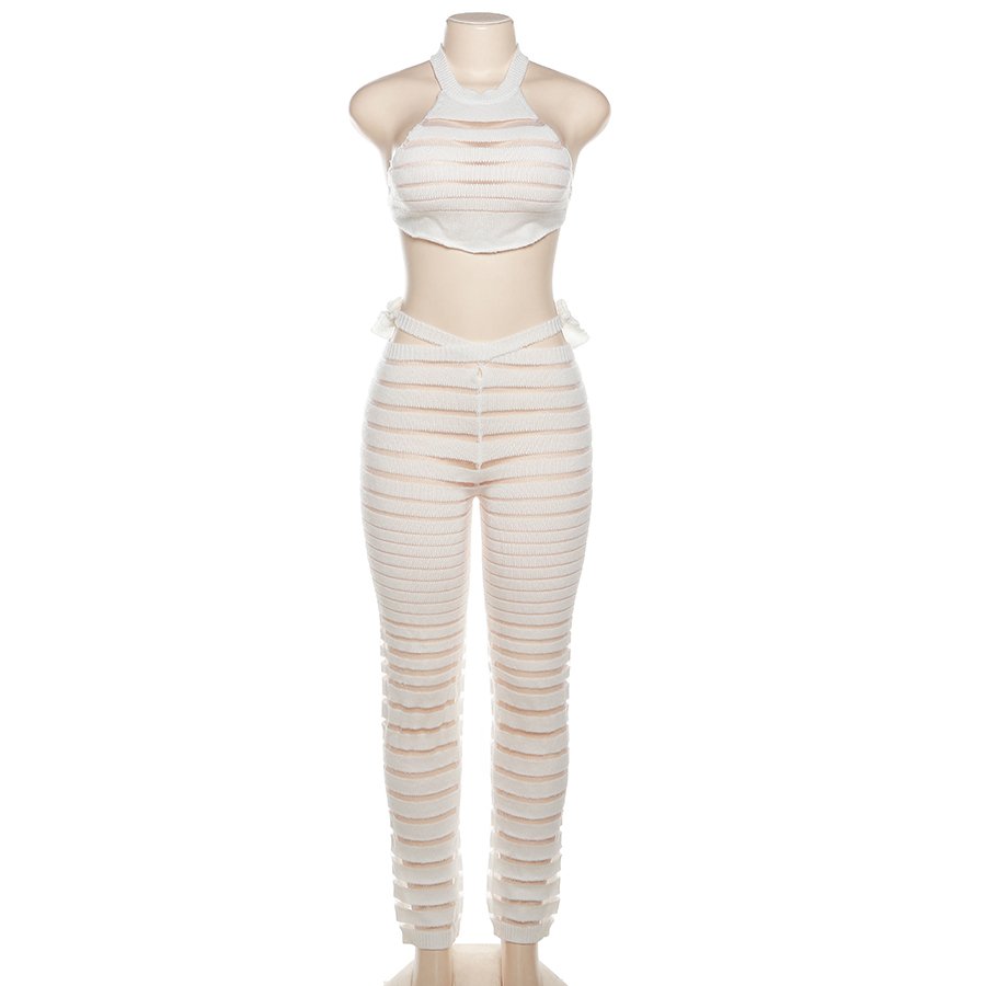 Kliou W23S35504 Two Pieces Pants Sets Knitted lace 2 Piece Set Women Striped Sheer Women's Set