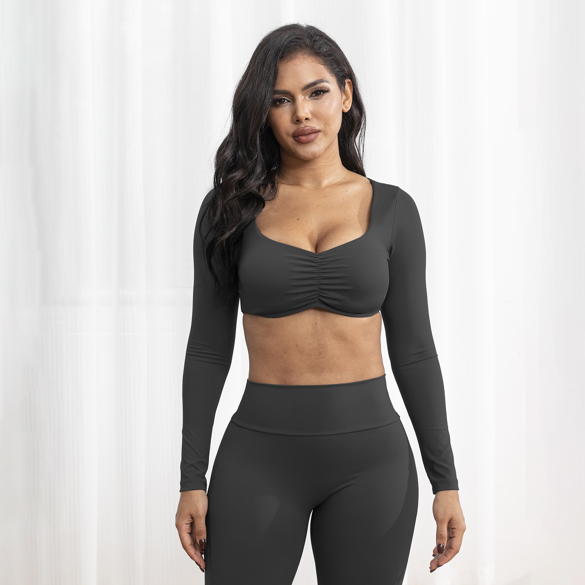 Women Crop Top Scrunch Butt Pant Yoga Suit Lady Gather Vest Flare Leggings Gym Sets Female Long Sleeve Jacket Sports Suits