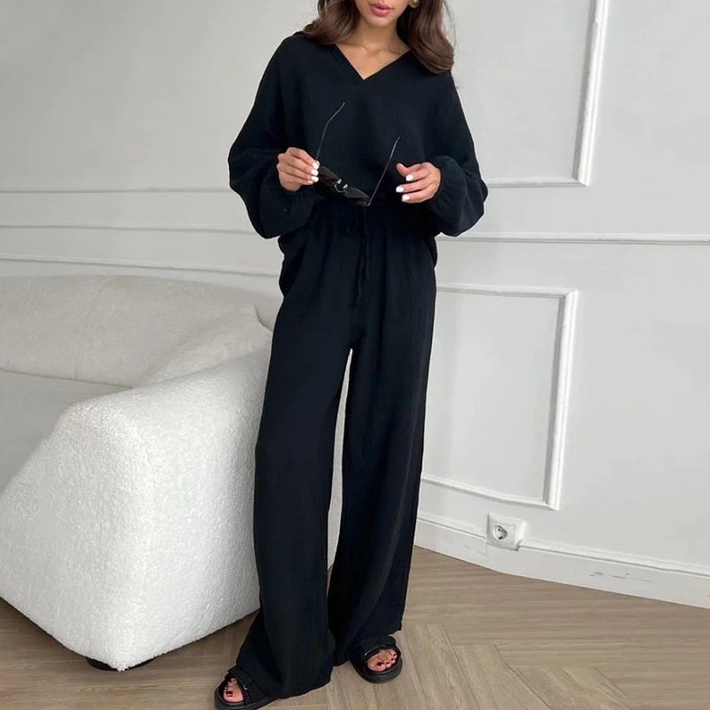 Large Size 2 Piece Sets Womens Outfits Casual Long Sleeve Button Blouse Elastic-waisted High-waisted Wide-leg Pants Casual Suits
