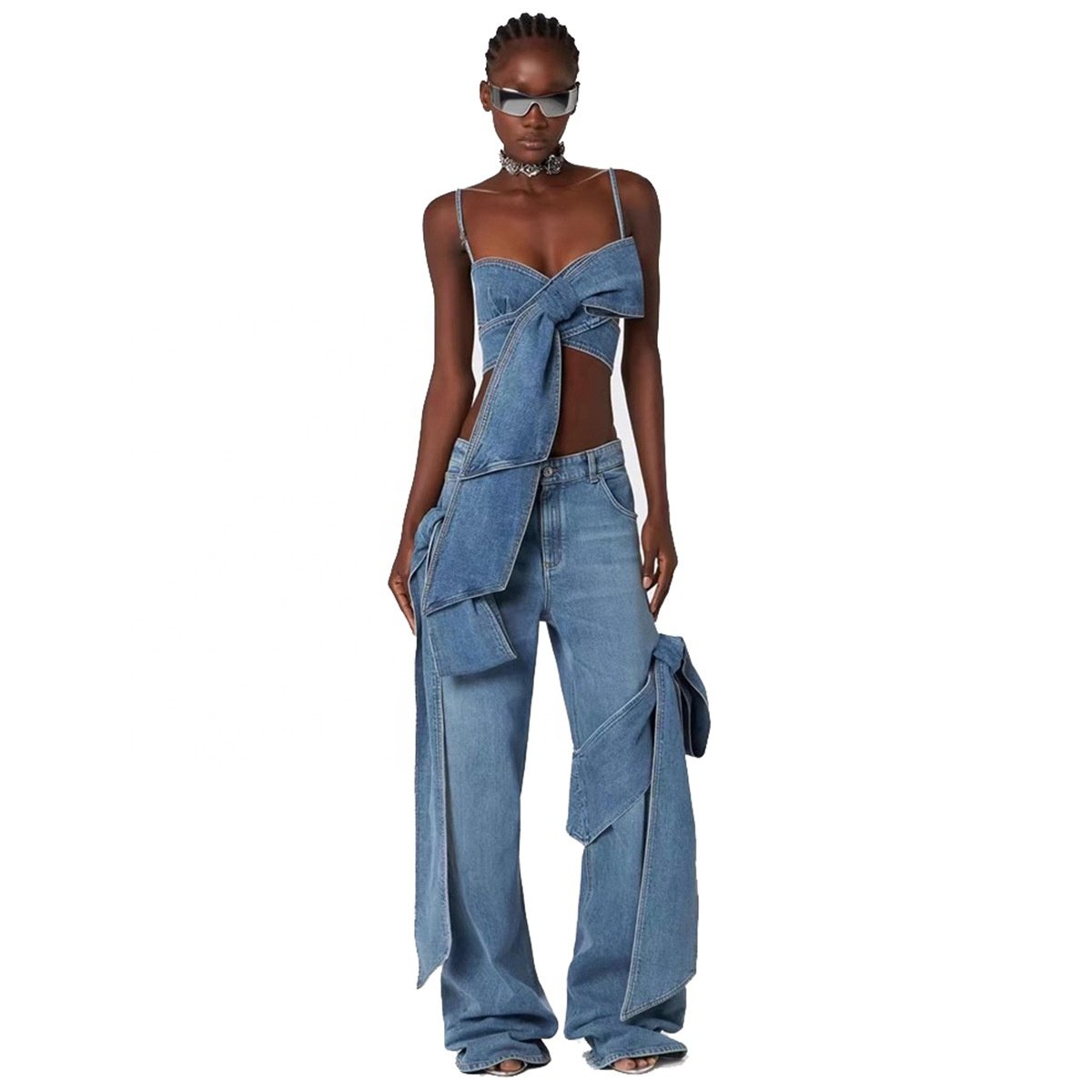 OUDINA Trendy Faded Women Two Pieces Denim Set Asymmetric Classic Lady Denim Sets Bow Top & Jeans Women's Sets
