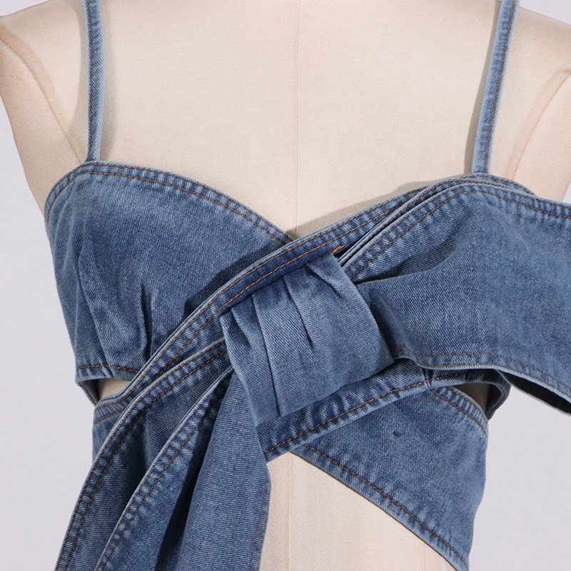 OUDINA Trendy Faded Women Two Pieces Denim Set Asymmetric Classic Lady Denim Sets Bow Top & Jeans Women's Sets