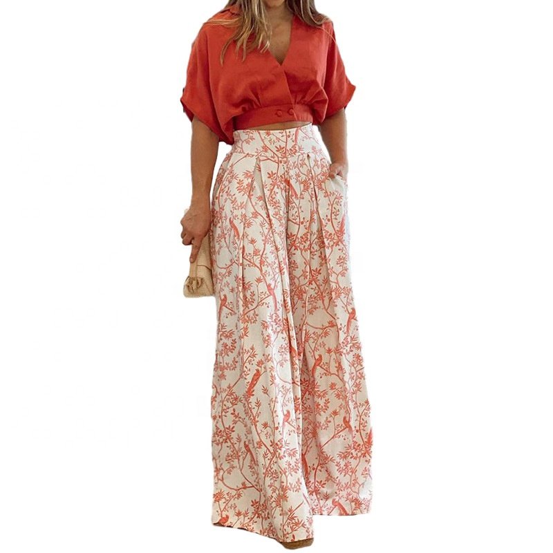 New design plus size women's sets two piece fashion print wide leg pants and shirts 2 piece outfit