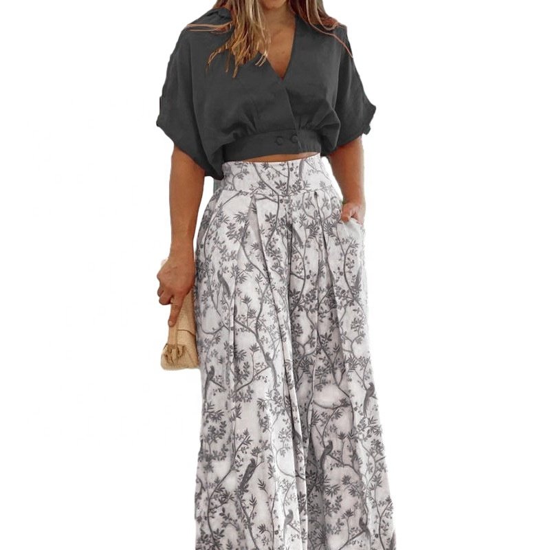 New design plus size women's sets two piece fashion print wide leg pants and shirts 2 piece outfit
