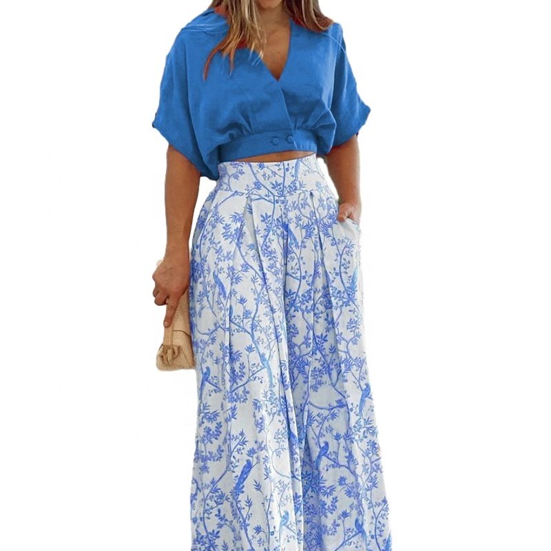 New design plus size women's sets two piece fashion print wide leg pants and shirts 2 piece outfit