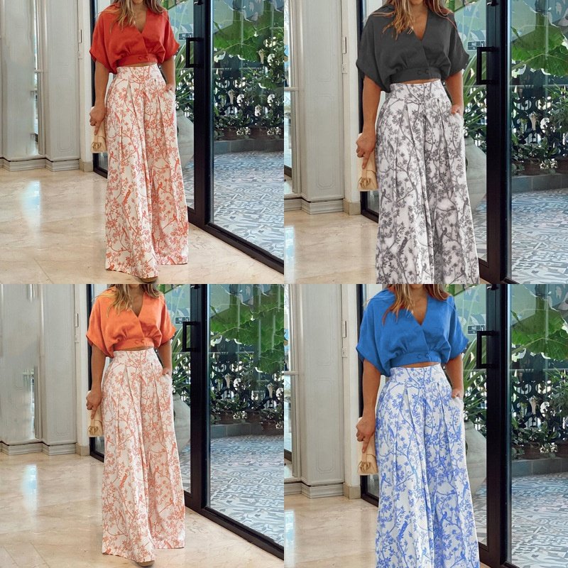 New design plus size women's sets two piece fashion print wide leg pants and shirts 2 piece outfit