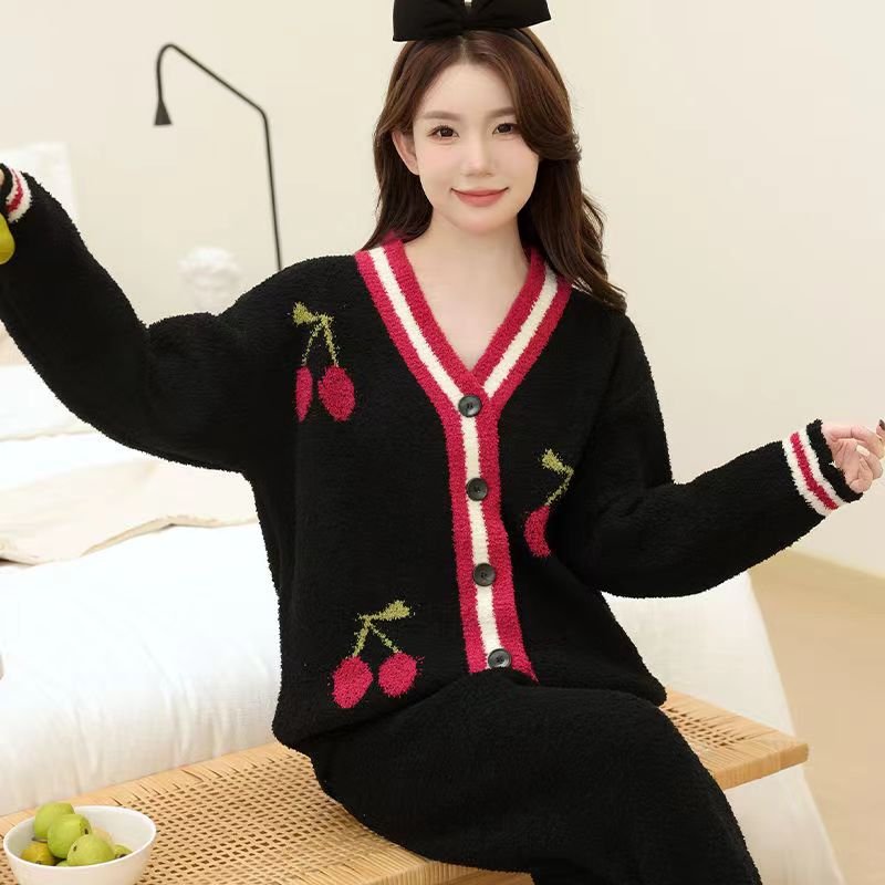 Women's Casual Long-Sleeve Fleece-Lined Striped Pajamas New Spring Autumn Winter Home Wear Sets Loose Knitting Fabric Cartoon