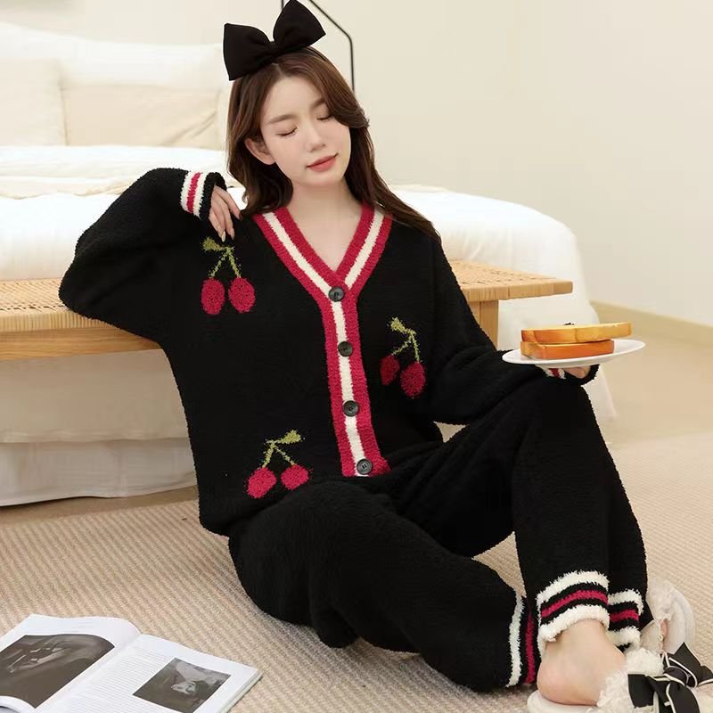 Women's Casual Long-Sleeve Fleece-Lined Striped Pajamas New Spring Autumn Winter Home Wear Sets Loose Knitting Fabric Cartoon