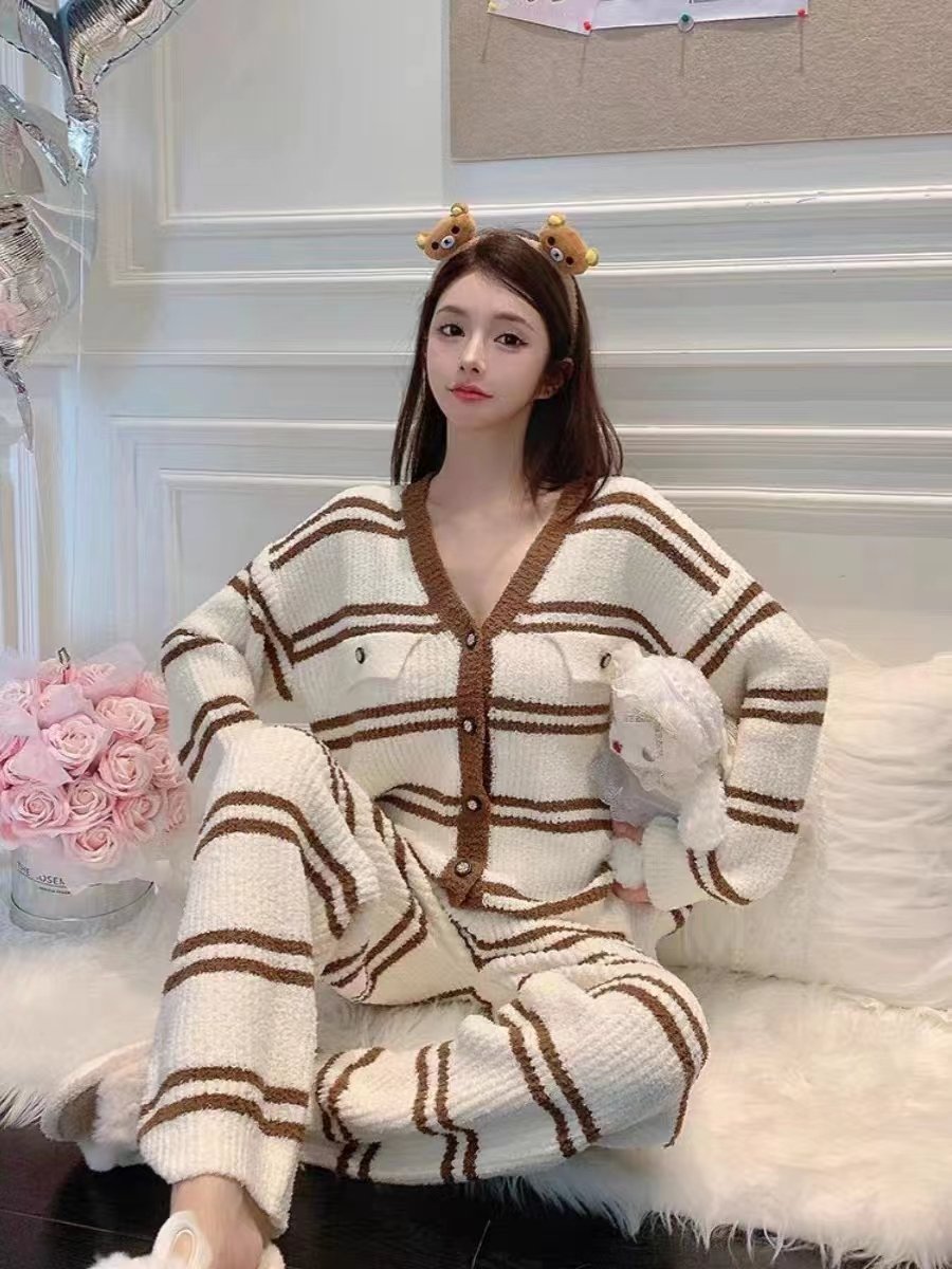 Women's Casual Long-Sleeve Fleece-Lined Striped Pajamas New Spring Autumn Winter Home Wear Sets Loose Knitting Fabric Cartoon