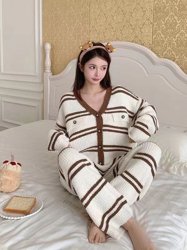 Women's Casual Long-Sleeve Fleece-Lined Striped Pajamas New Spring Autumn Winter Home Wear Sets Loose Knitting Fabric Cartoon