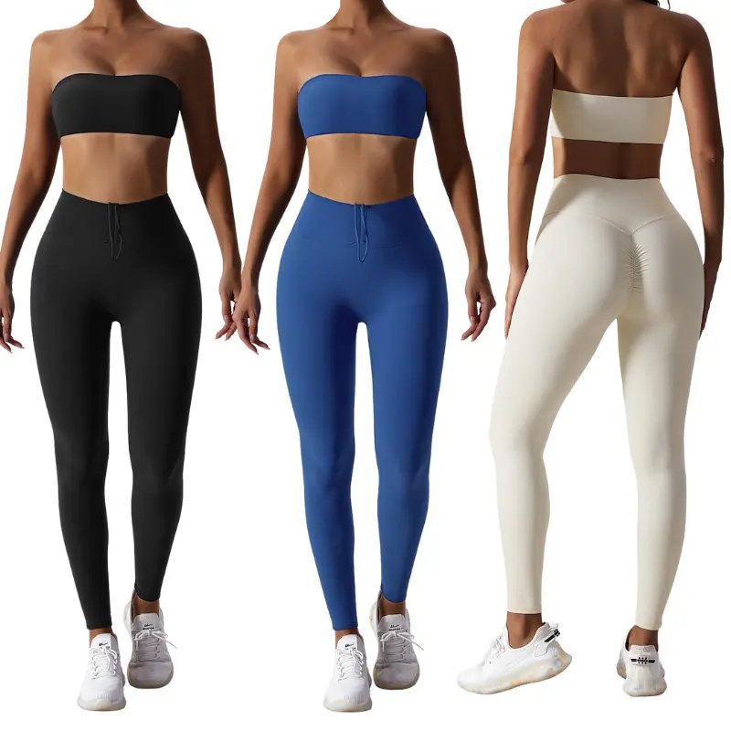 Women Tube Top Drawstring Trousers Yoga Tracksuit Lady Strapless Vest High Waist Pants Gym Suit Female Crop Top Sports Sets