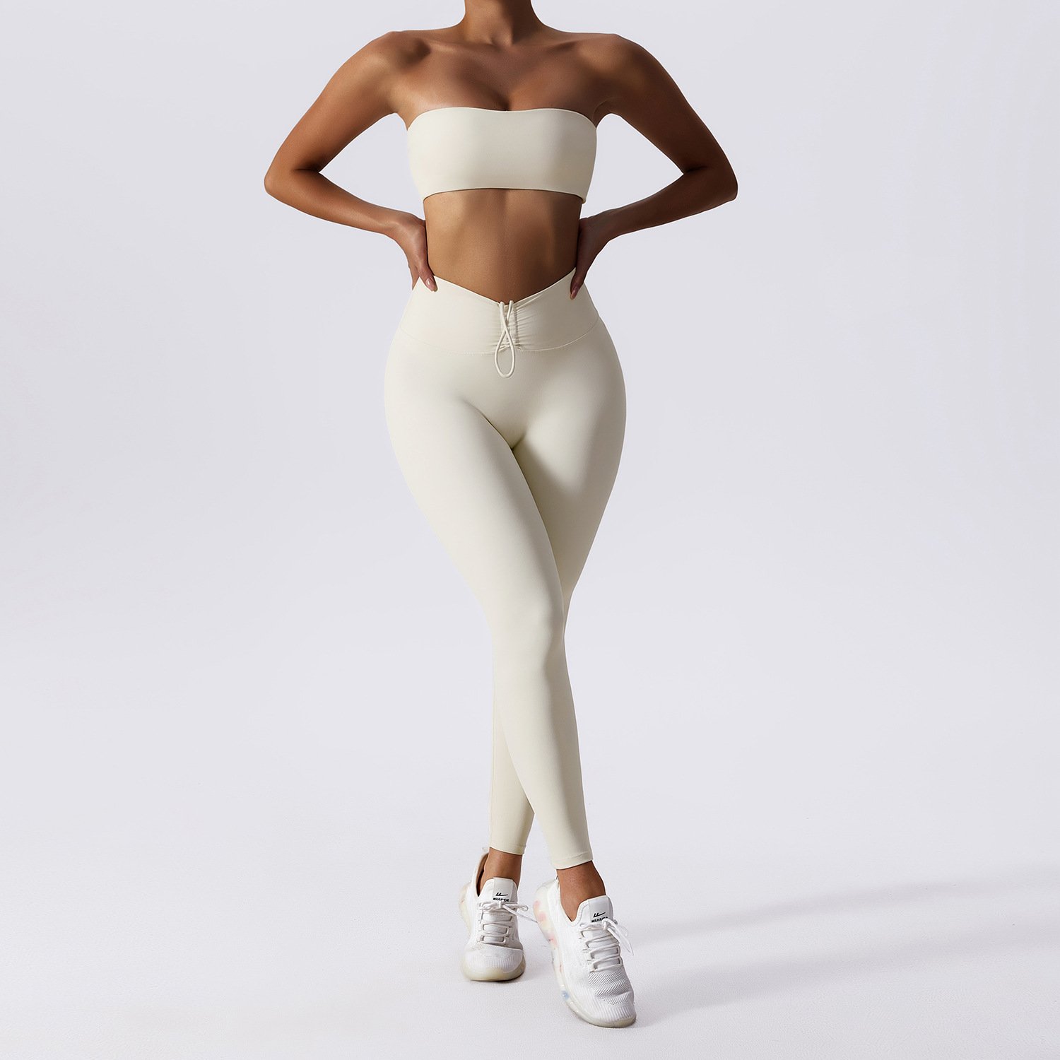 Women Tube Top Drawstring Trousers Yoga Tracksuit Lady Strapless Vest High Waist Pants Gym Suit Female Crop Top Sports Sets