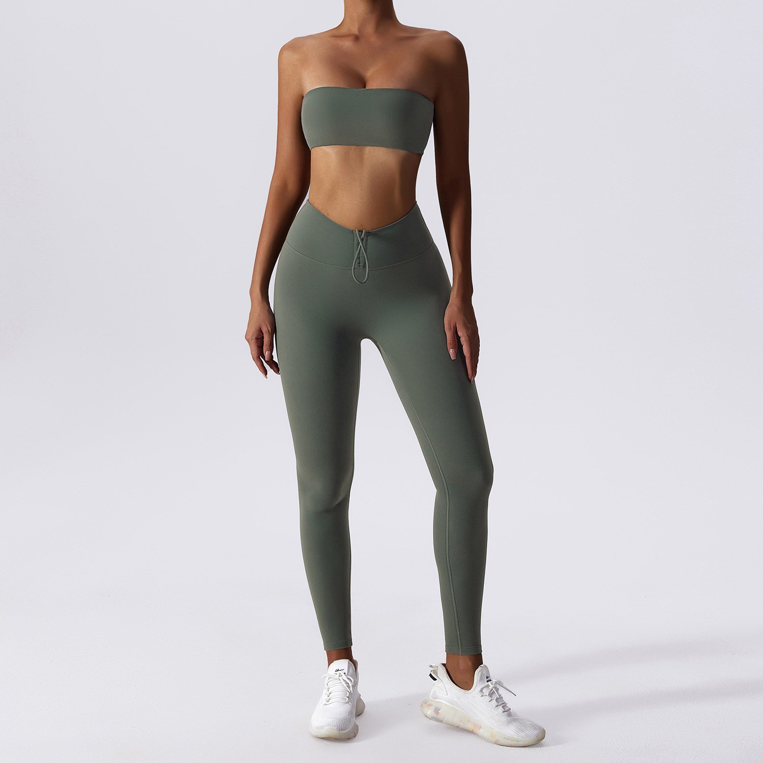 Women Tube Top Drawstring Trousers Yoga Tracksuit Lady Strapless Vest High Waist Pants Gym Suit Female Crop Top Sports Sets