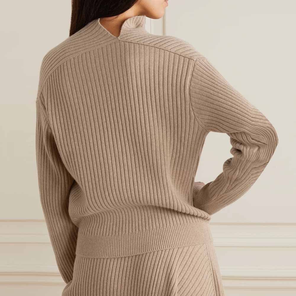 Knitwear Manufacturer Custom Spring Autumn Winter Ribbed Turtleneck Sweater And Asymmetric Ribbed Midi Skirt Cashmere set