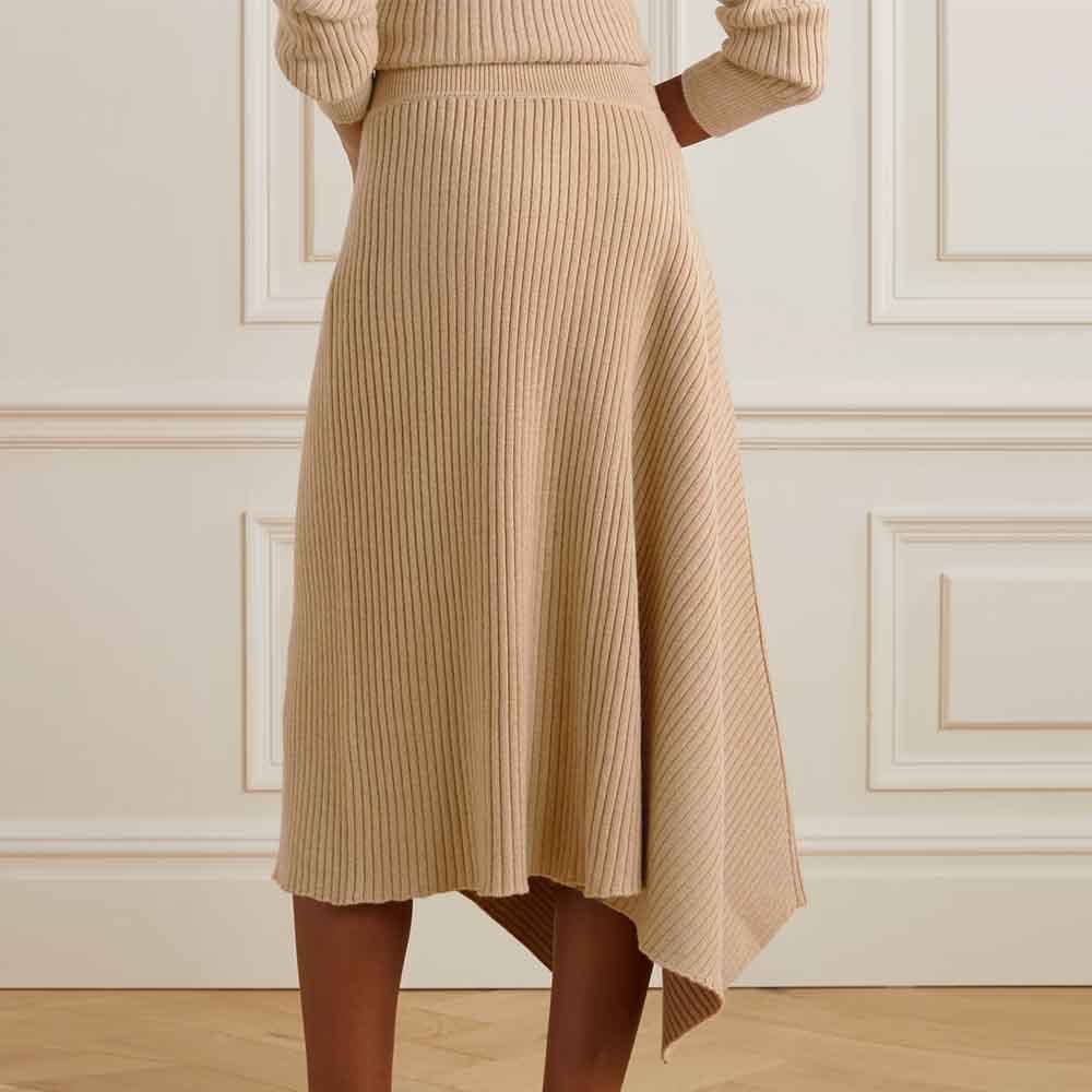 Knitwear Manufacturer Custom Spring Autumn Winter Ribbed Turtleneck Sweater And Asymmetric Ribbed Midi Skirt Cashmere set