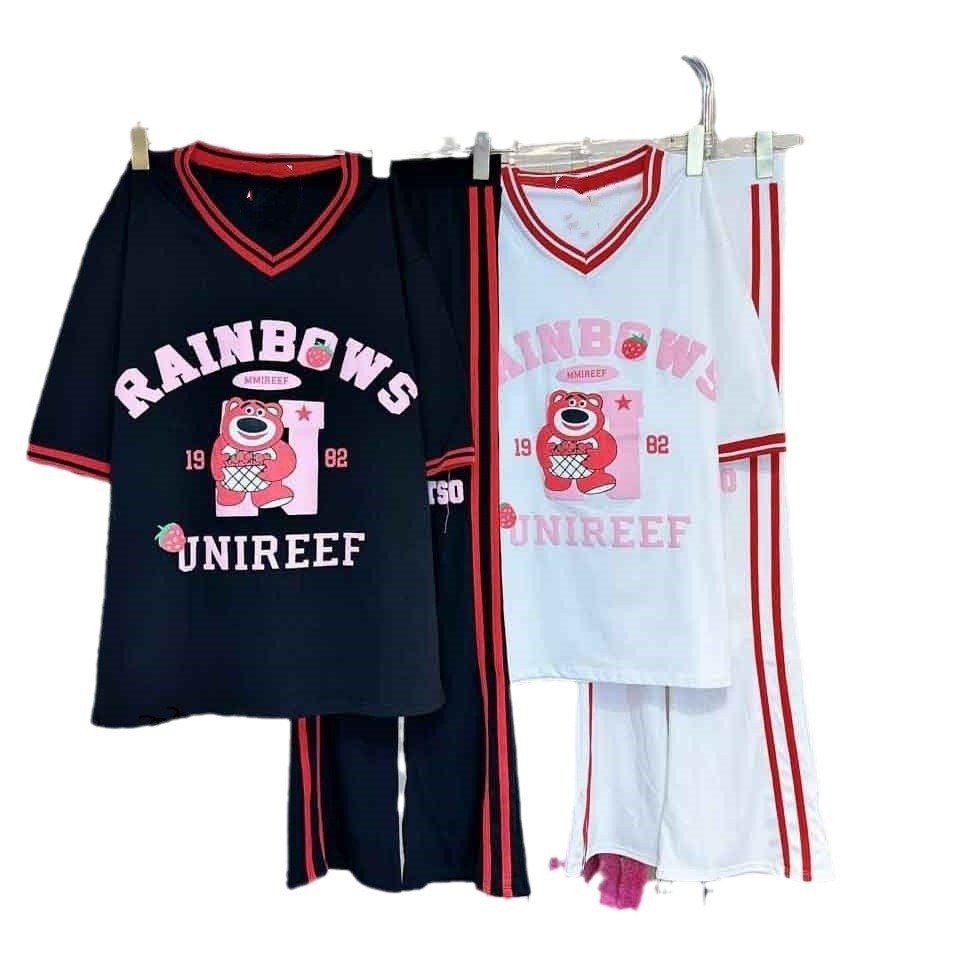 Women's Fashion Set Women's Summer New Contrast V-Neck Age Reducing Short Sleeve Long Pants Casual Two Piece Set