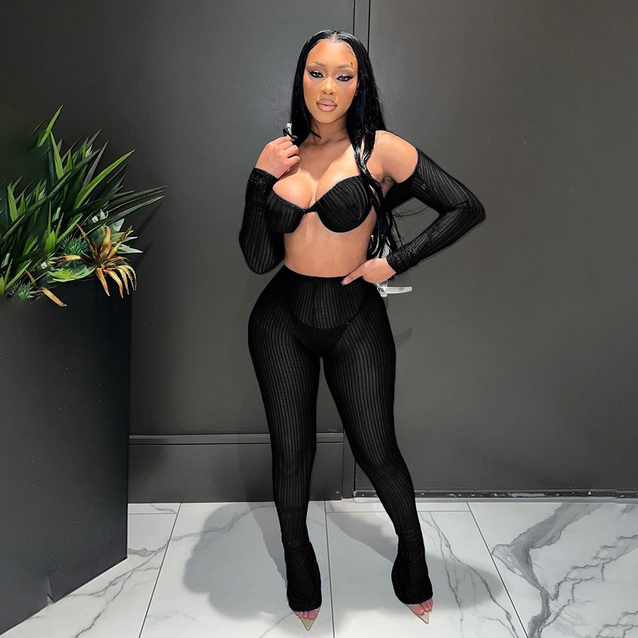 Kliou K24S47141 Summer Women full length Streetwear sheer women under wire top outfits Girl Solid women's sets