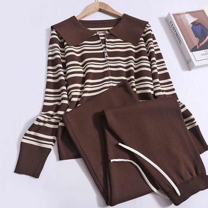 Wholesale 2024 Autumn New Fashionable Casual Drawstring Wide Leg Pants Lapel Zipper Striped Cardigan Women's Set