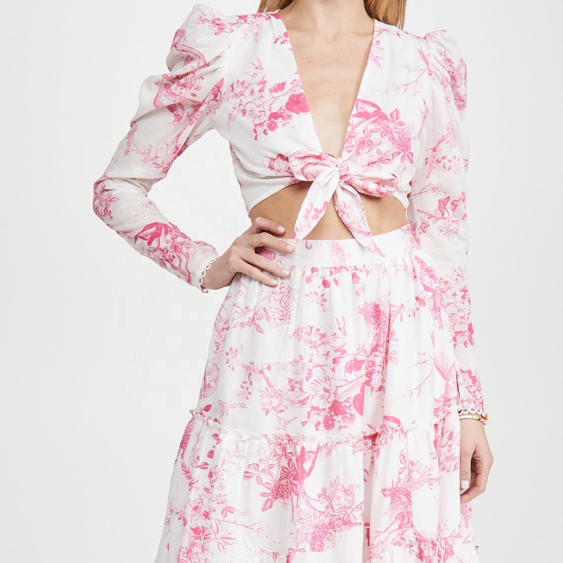 Spring Bow Sexy Short Skirt Pink Printed Long Sleeve Deep V-neck Women's Set