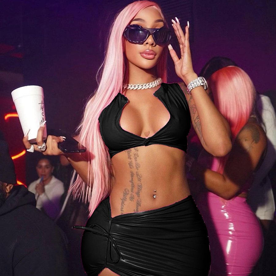Fashion Clothes Slit Fit Leather Tank Top Match Skirt Sexy Club Party Outfit Women Two Piece Set