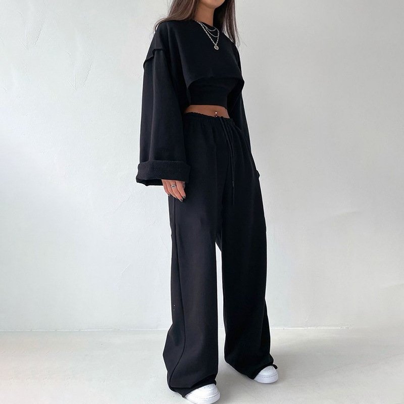 custom Pullover Long Sleeve Crop Hoodies Vest Straight Leg Pants Women's Tracksuit Set 3 Piece Sport Set