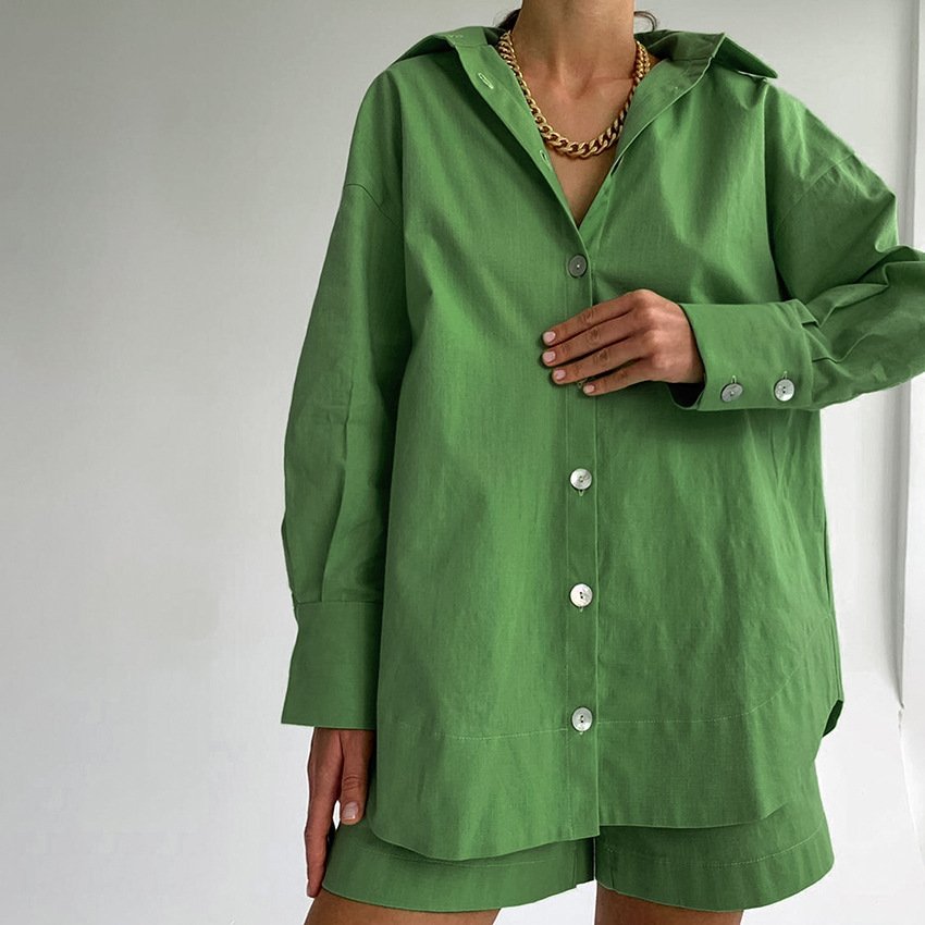 2023 new arrival women clothing long sleeve cotton linen shirts and shorts Women's Sets linen two piece set