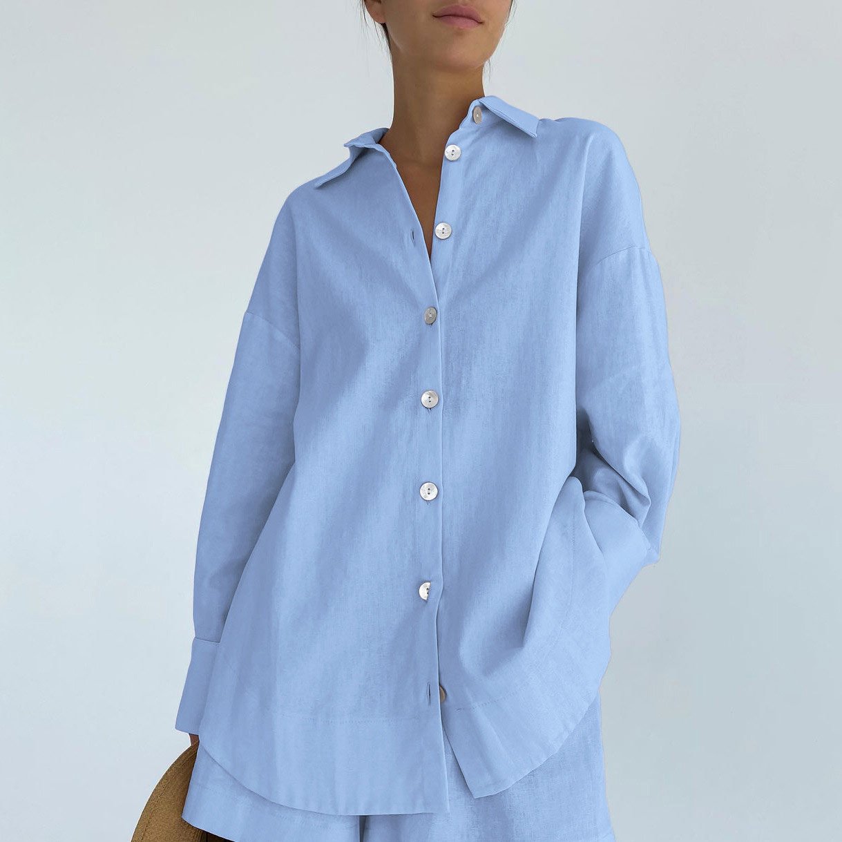 2023 new arrival women clothing long sleeve cotton linen shirts and shorts Women's Sets linen two piece set