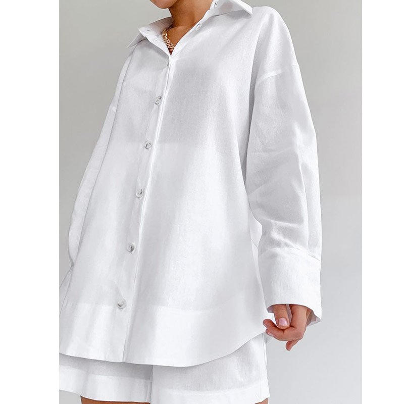 2023 new arrival women clothing long sleeve cotton linen shirts and shorts Women's Sets linen two piece set