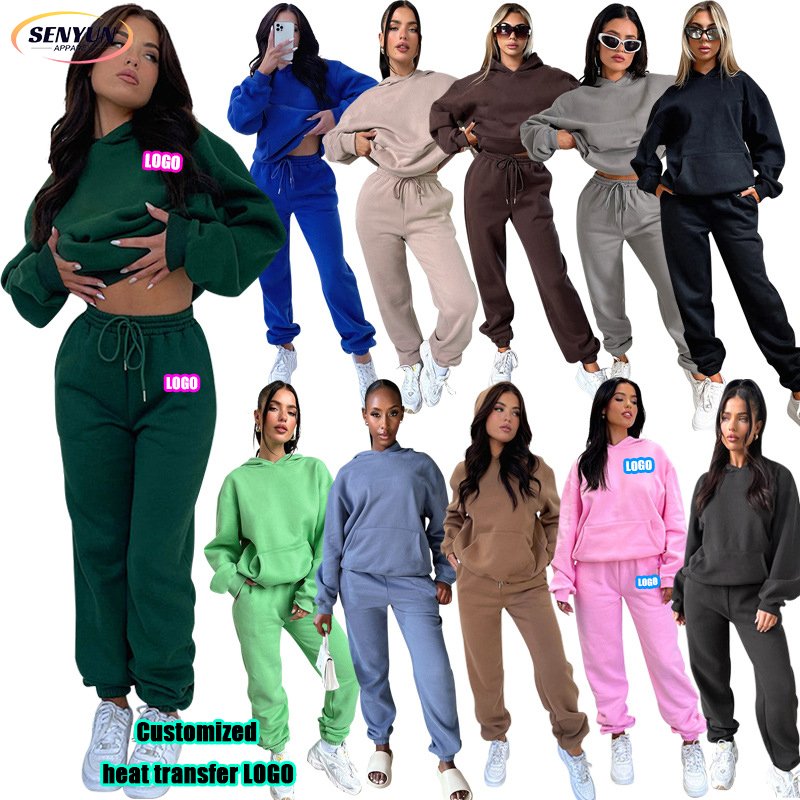 High Quality Long Sleeve Jogger Blank Hoodie Custom Embroidery Logo Fashion And Leisure Tracksuits Outfits 2 Piece Women'S Sets