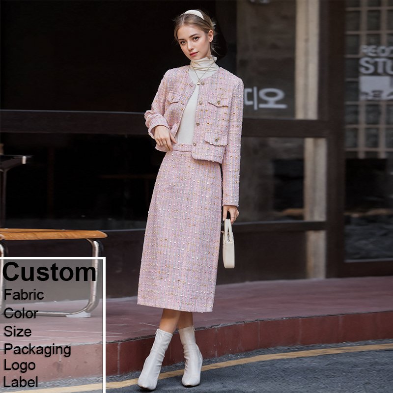 Custom Women's Set of Clothes Autumn Winter New French Long Sleeves Loose Coat A-line Skirt Medium and Long Styles Two Piece Set