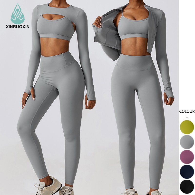 Wholesale 4 Piece 5 Colors Sportswear Long Sleeve Crop Top Yoga Workout Set Women Fitness Clothing Active Wear Gym Sport Sets