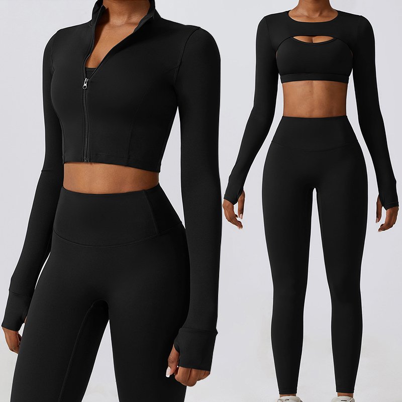 Wholesale 4 Piece 5 Colors Sportswear Long Sleeve Crop Top Yoga Workout Set Women Fitness Clothing Active Wear Gym Sport Sets